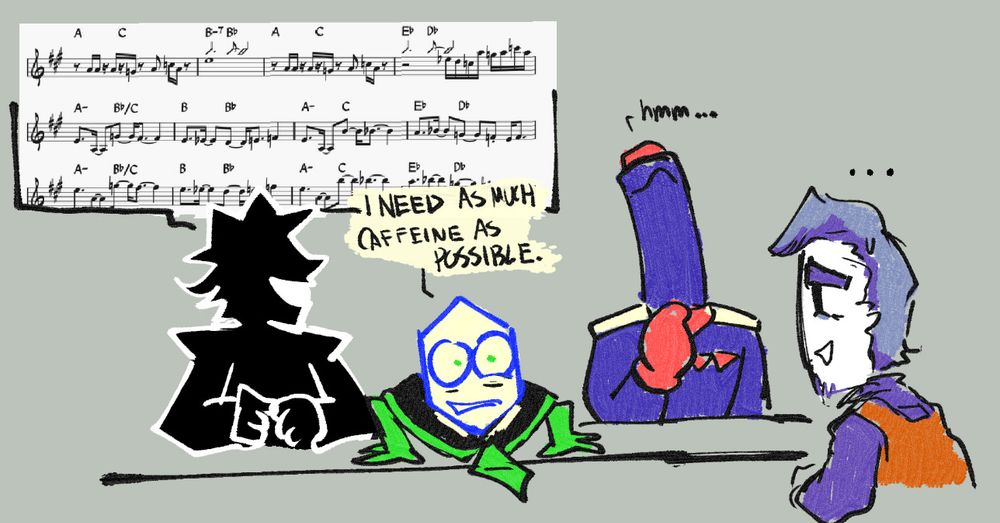 the mike gang ( mippins / battat, pluey, and jongler) are placing an order at Ramb's bar. Pluey has an elaborate musical score going on, battat states that he needs as much caffeine as possible, while jongler is still deciding. Ramb is just at a loss.

Pluey's musical score is a reference to a specific miniboss song from a mario game. This was chosen because the author had no idea what else to put for it.