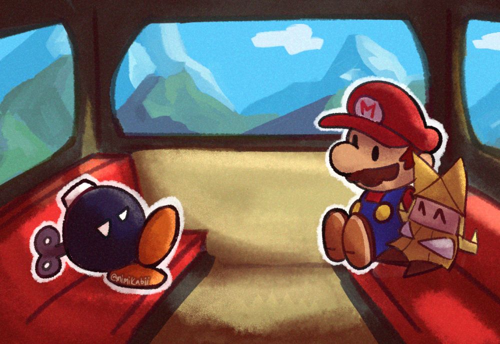 image of paper mario, olivia, and bobby riding the lift to autumn mountains. paper mario the origami king was announced today 5 years ago in a sudden tweet during the midst of the pandemic. i never would have known how much this game wouldve changed my entire life. 