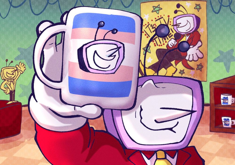 image of tenna holding up a cup with his head with the trans flag behind it. Behind him is other stuff from his gift shop, such as a poster, a figure, and more mugs.