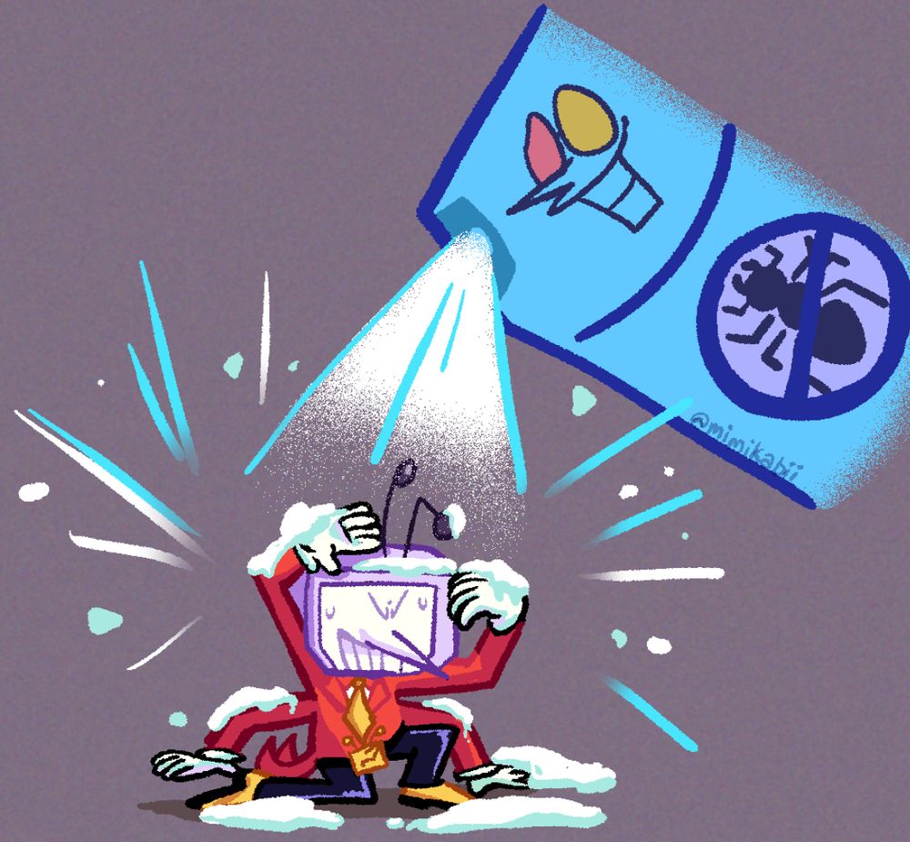 tenna from hit game deltarune getting sprayed with spamton branded ant repellent 