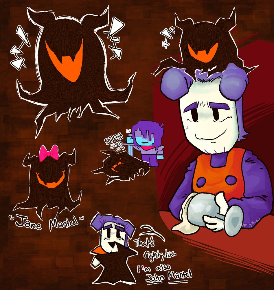 Doodles of "ERAM" and Ramb from the hit indie game DELTARUNE Chapter 3. Various doodles include just ERAM itself, ERAM being poked with a sword by HERO (Kris), "Jane Mantel" (ERAM with a pink bow on top smiling), and a small doodle of Ramb wearing the shadow mantle saying "That's right, luv. I'm also John Mantel.". On the right is a larger doodle of Ramb trying to clean cups while ERAM is on top of his head laughing.