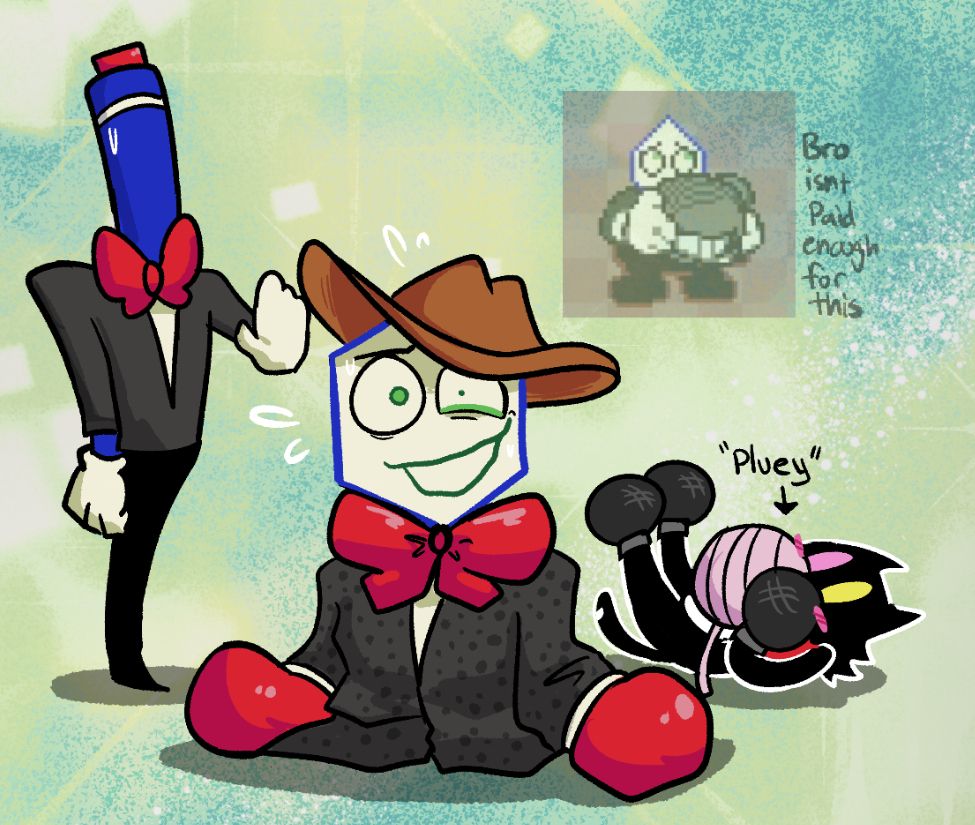 image of small mike / battat in cowboy mike's/ jongler's attire, and vice versa in reference to the deltarune newsletter. pluey is bashful while holding a yarn ball. Faded is an image of battat in the mike suit looking sad with the caption Bro Isnt Paid Enough for This