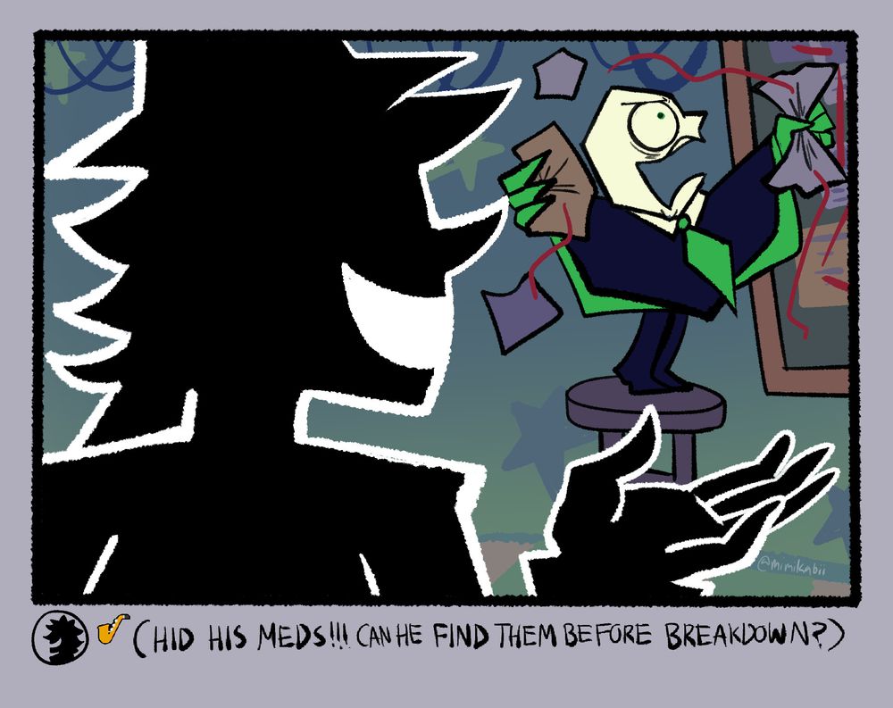 mock video thumbnail of pluey pointing at battat, with battat freaking out in the background with his corkboard. the caption says: HID HIS MEDS!!! CAN HE FIND THEM BEFORE BREAKDOWN?