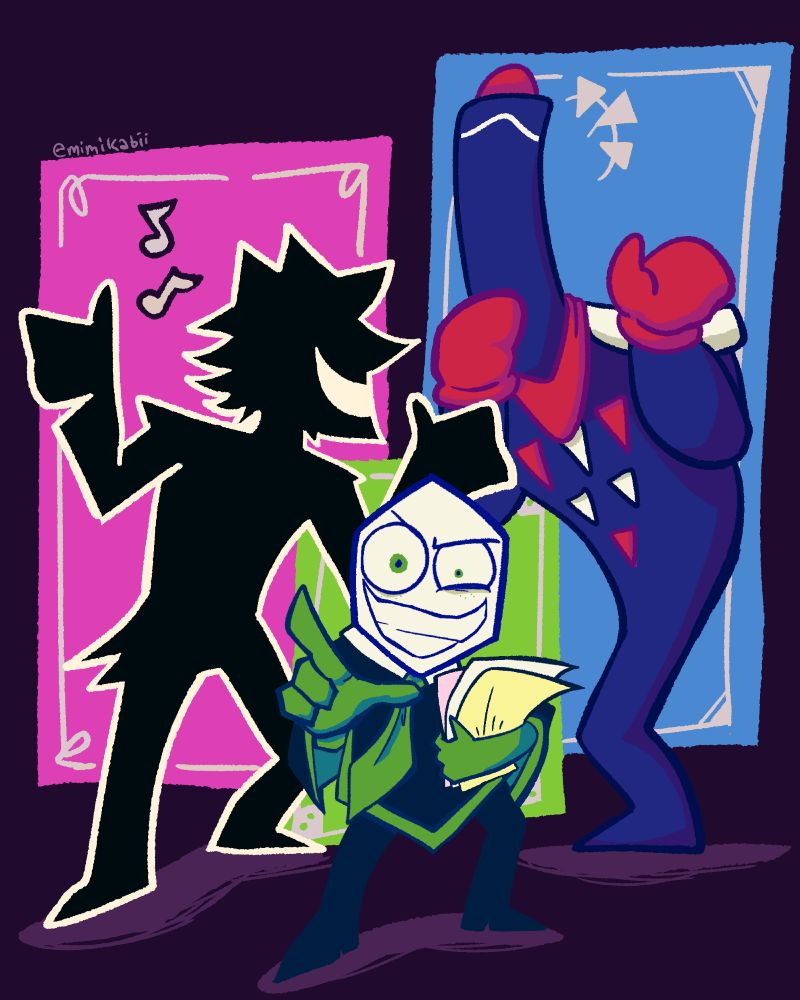 image of battat / mippins, jongler, and pluey, with battat pointing at the viewer, papers in hand.