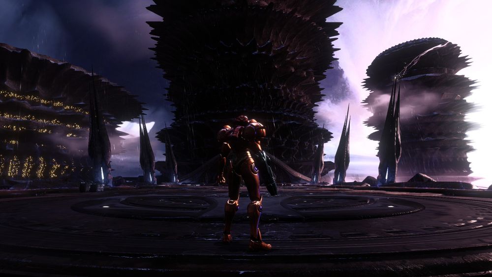 POV from Samus behind her showing tall scaling Alien buildings with a moody purple sky 