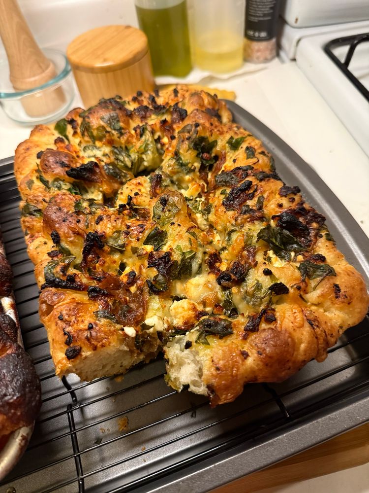 Spinach, three cheese, and caramelized onion focaccia