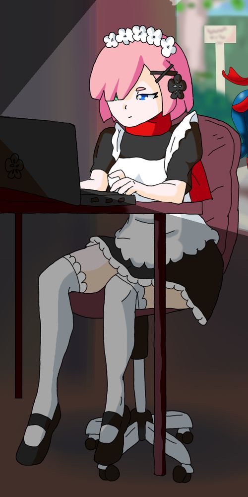 Sasha Muffin Eater - OC by my Friend @sasha9n - as french maid,
but doing stuff on a laptop, at evening/night