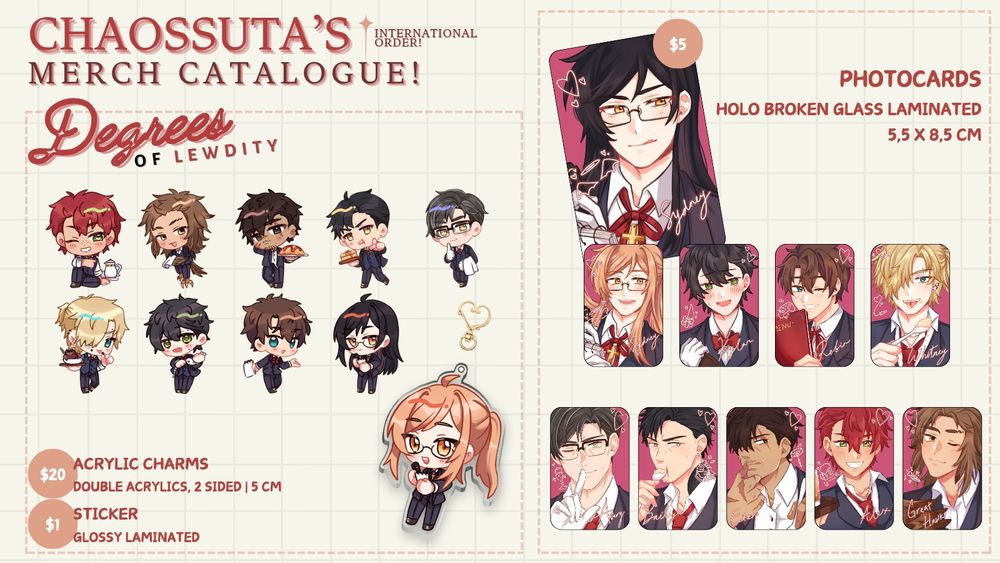 My Degrees of Lewdity Merch Catalogue consisting of acrylic charms, photocards and individual stickers