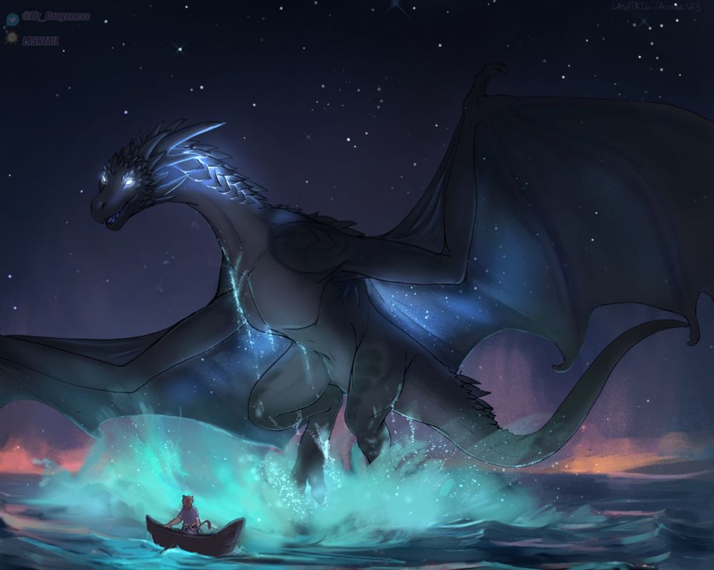 A  beautiful glowing dragon emerging from a luminescent ocean in front of a small awestruck boater against a starry backdrop