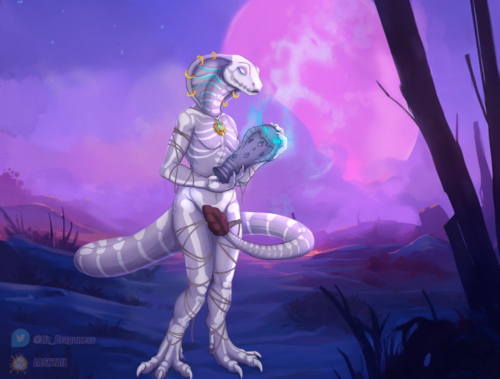 A world of warcraft Sethrak hold a magic urn infront of an eerie backdrop of a purple moon and haze