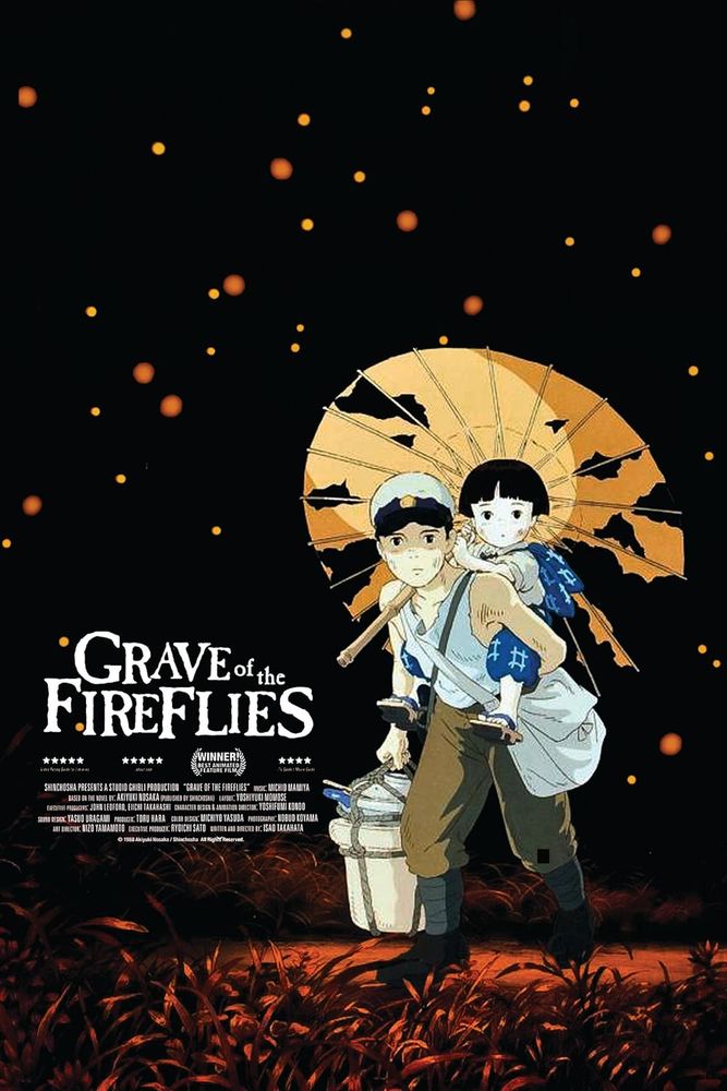 Young boy carrying a girl on his back under a tattered umbrella. Surrounded by glowing fireflies against a dark background, conveying resilience and sadness. Text reads "Grave of the Fireflies". Movie Poster. 