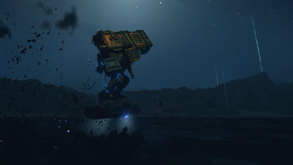 Sam riding atop the tar lake on a coffin at night. 