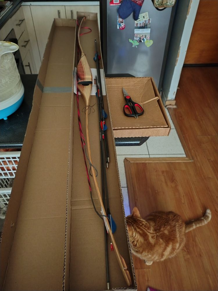 Photo of an unstrung wooden bow and some arrows in the cardboard box it was shipped in.