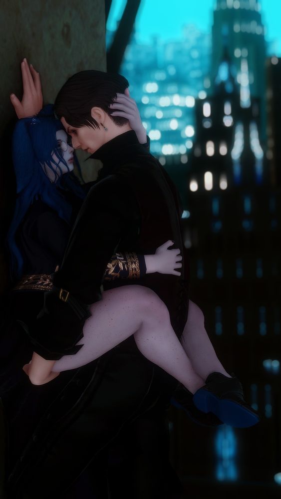 Lit in dark blue, Peridot, a lop eared viera with periwinkle hair, is looking up at Emet-Selch, an ascian in a dark shirt. She is held up and pinned against the wall, and he has one hand pressed to the wall above her. They are in front of the blurry glow of the cityscape of Amaurot.
