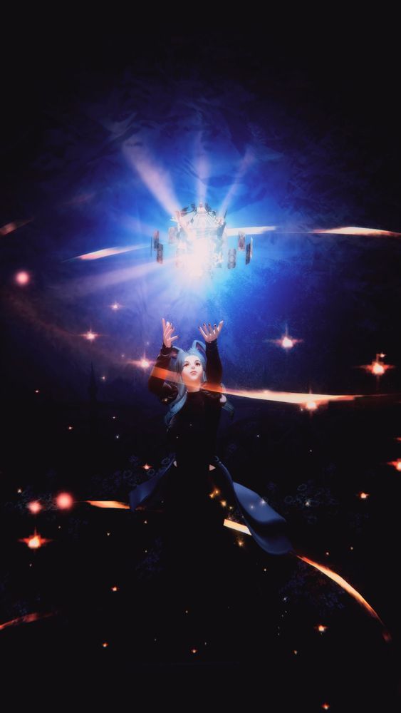 Peridot, a blue-haired viera with floppy ears, hovers in front of a window in the darkness. Her arms are raised above her, pointed to a glowing white orrery surrounded by a wheel of tarot cards. Other glittering stars and sweeps of gold magic surround her, and her robe is fluttering as she floats. (But vertical).