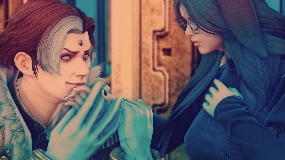 Emet-Selch, a Garlean with brown and white hair and golden eyes, holds the hand of Peridot, a blue haired viera, positioned as if having just kissed it. He gazes at her with a smirk, whilst she looks surprised.