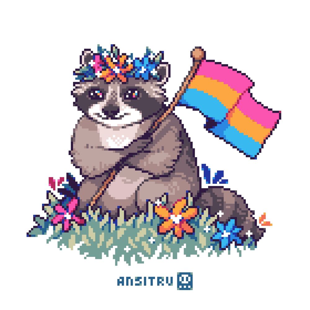 A raccoon in a flower crown, sitting in a grass field with a pink, yellow and blue flower, holding a pan pride flag.