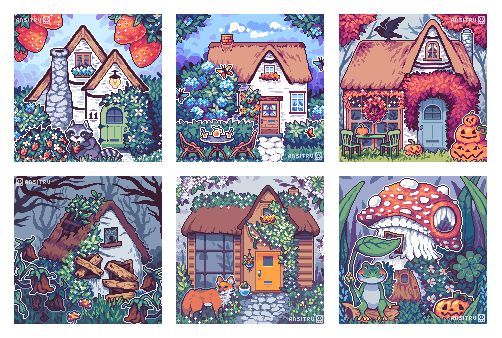 A pixel illustration of six different cottages. Top left is a cottage with strawberries and a raccon. Top middle is a summer cottage with blue flowers and butterflies. Top right is an autumnal cottage, with pumpkins and red leaves. Bottom left is an abandoned cottage with boarded up windows and door. Bottom middle cottage is a rainy cottage with a fox standing in the front. Bottom right is a mushroom cottage, with a frog sitting in front of it.
