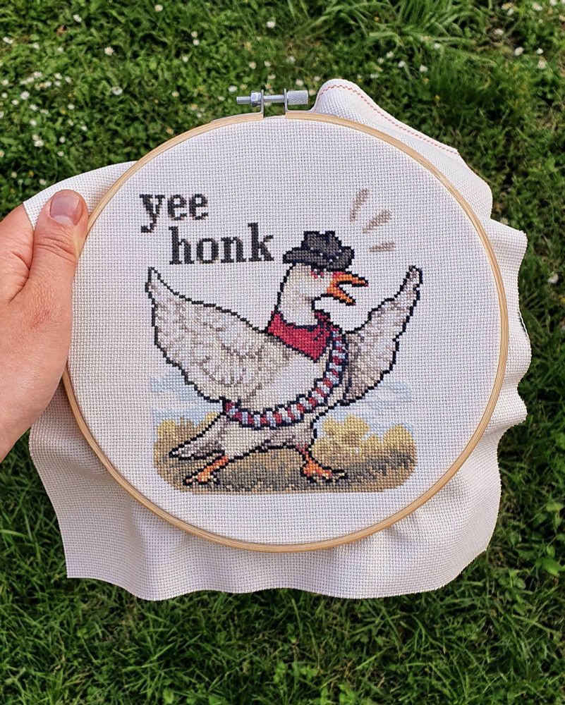A hand is holding an embroidery hoop ik front of a grassy lawn.

The cross-stitched embroidery shows a goose wearing a cowboy hat, red bandana and bullet belt. They are standing in a grassy area.

On the left side of the goose's head, the text reads "Yee honk".
