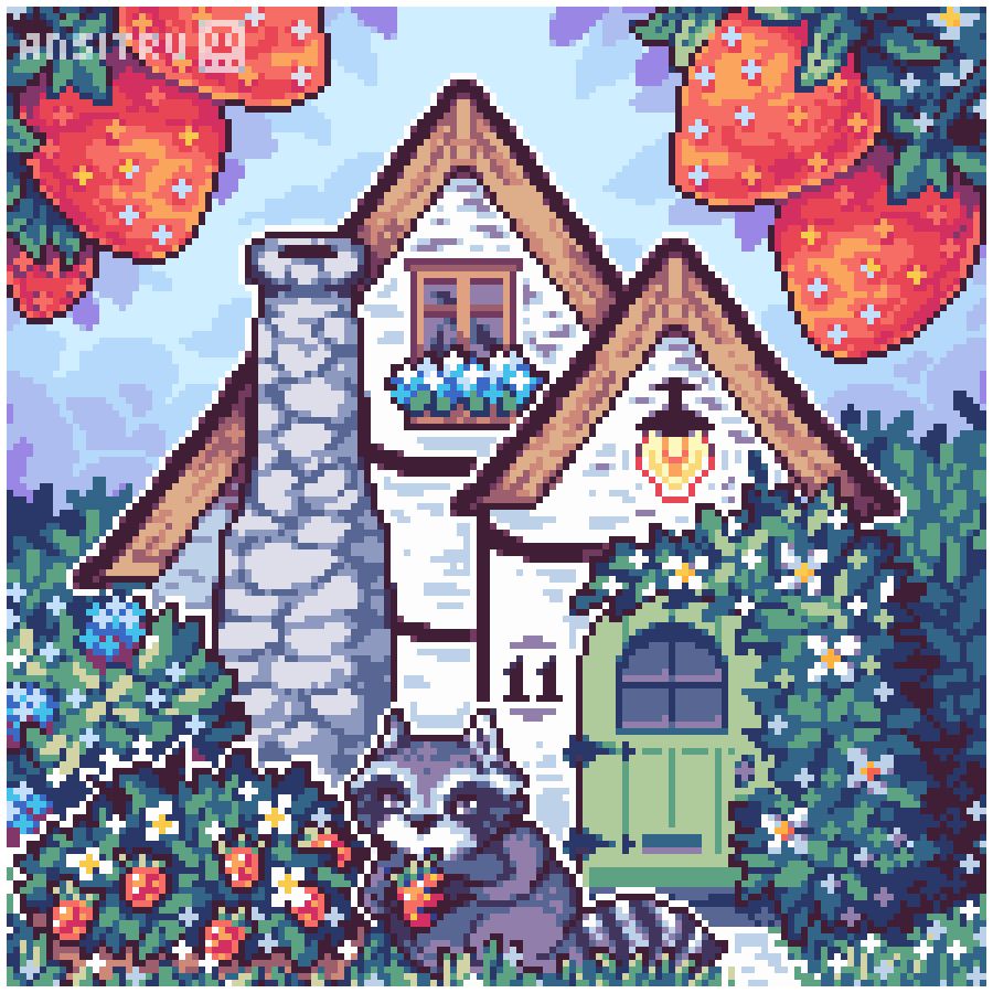 A pixel art illustration of a thatched-roof cottage surrounded by strawberry bushes. A little raccoon holding a strawberry sits in front of the cottage.