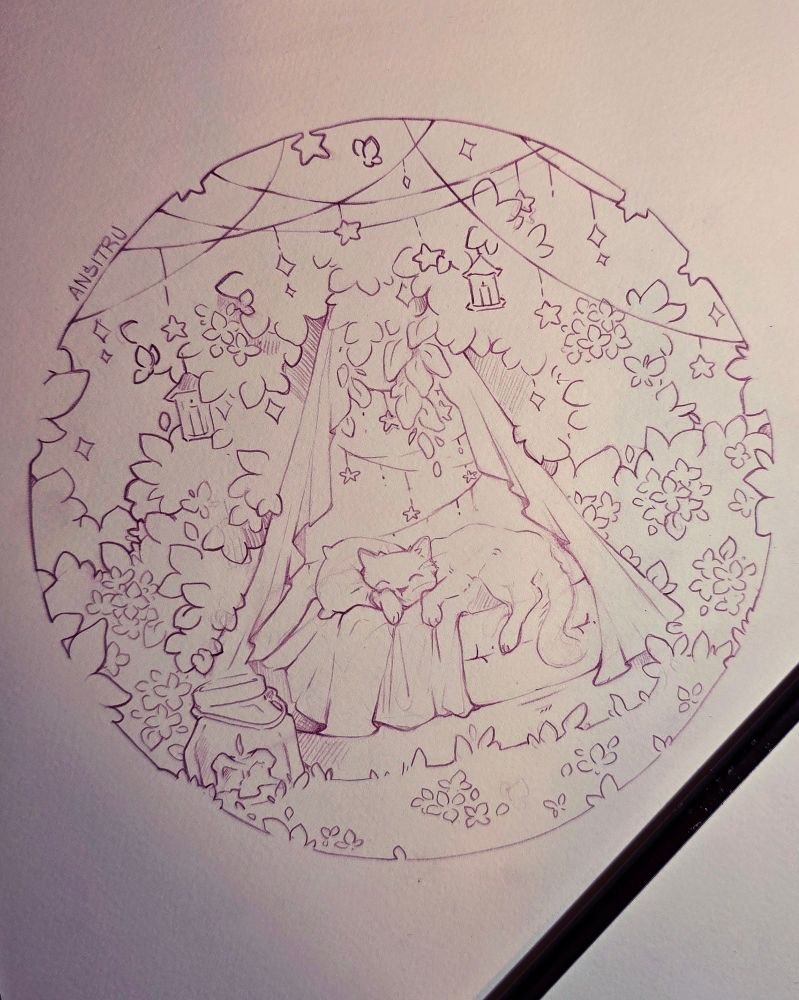 Photo of a pencil line drawing of a cat napping on a cushion, surrounded by greenery.