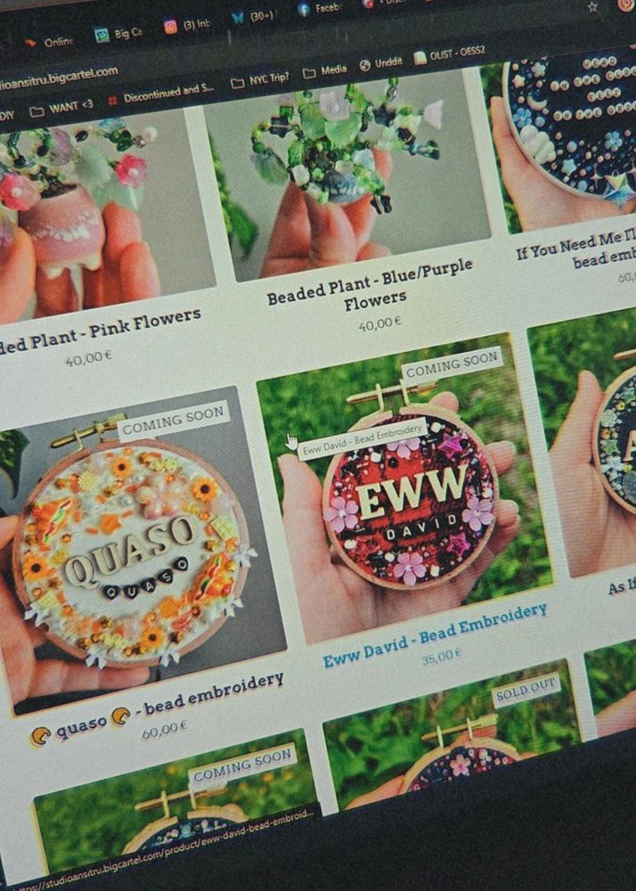 A photo of a computer screen, showing a roster with various webshop listings of bead embroidery pieces and beaded plants. 