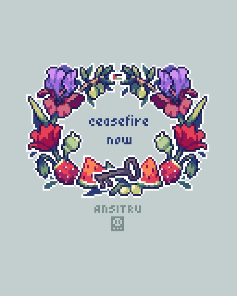A pixel art piece of a floral wreath, including the Faqqua Iris, poppies, olive branches and a prickly pear fruit.

The text in the middle reads "ceasefire now". Underneath the text is an iron key.