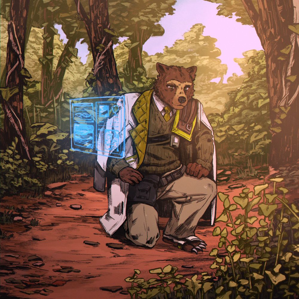 A very detailed drawing of Fransisco (an anthro spectacled bear) leaning down, observing the fauna of a highly dense forest. On his right is a holographic screen showcasing some details of the area.