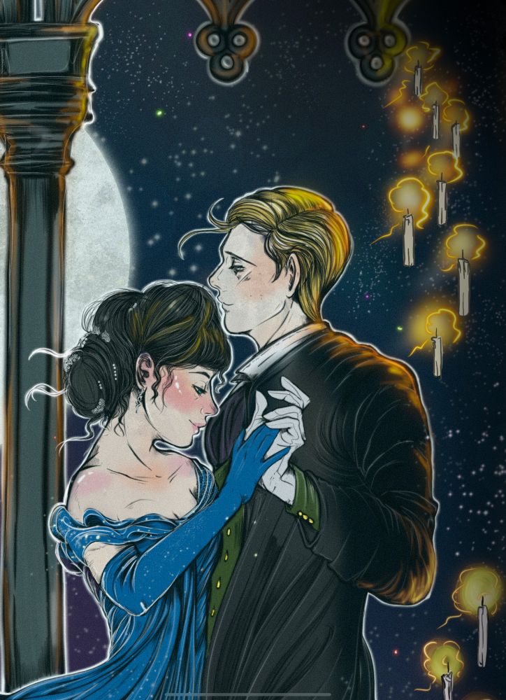 A close-up of the art, showing the top half of the lady and gentleman dancing. They hold hands, as candles float around them, their orange glow reflecting off the gentleman’s dark suit.