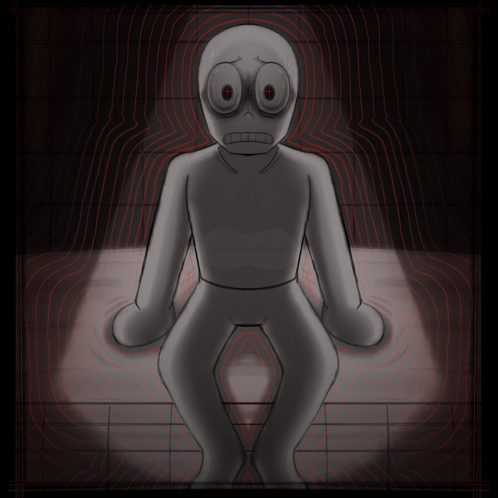 eteled in the middle of a padded room, sitting on a bed. his irises are glowing a faint red, the shine resembling a red cross.