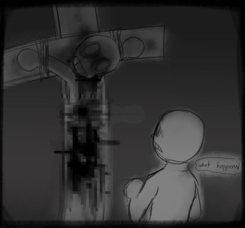 the third and last frame. eteled stares up at another version of himself, one that is crucified and is missing his lower half. eteled mutters to himself in horror, "...what happened...?"