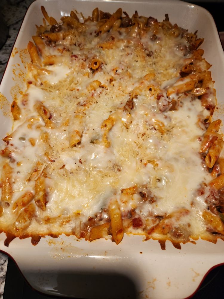 A casserole dish of baked penne 