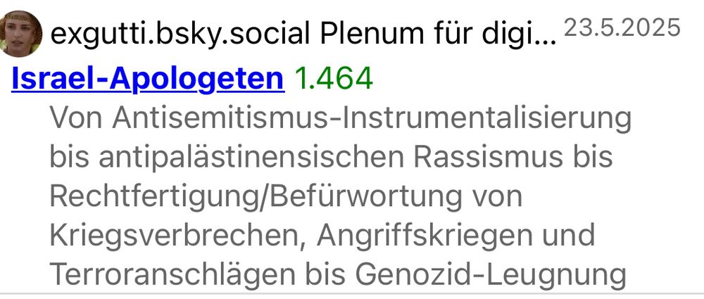 Liste:
Israel-Apologeten
Von Antisemitismus-Instrumentalisierung bis antipalästinensischen Rassismus bis Rechtfertigung/Befürwortung von Kriegsverbrechen, Angriffskriegen und Terroranschlägen bis Genozid-Leugnung