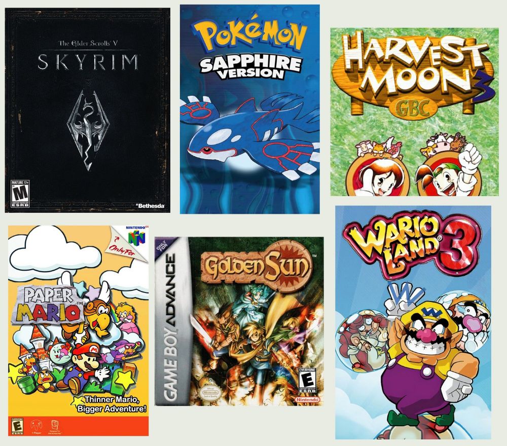 the elder scrolls v: skyrim, pokemon: sapphire version, harvest moon 3 (gbc), paper mario, golden sun, and wario land 3 (though it could also be 4)