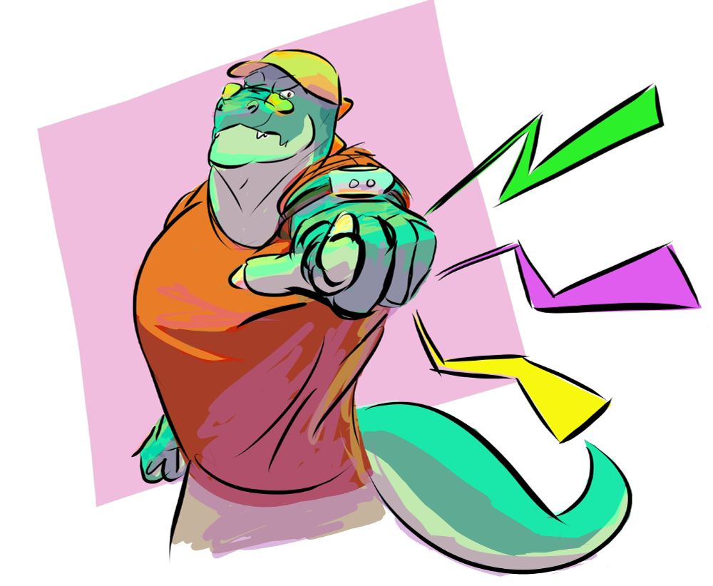 it's the dino anthro man (original character concept: toastyfuzzbuns, acquired via adopt). he's doing a point at you and frowning. he's wearing an orange hat, yellow glasses, a red t-shirt, tan shorts, and a wristwatch. the colours themselves are overlaid with brighter complementary and contrasting counterparts