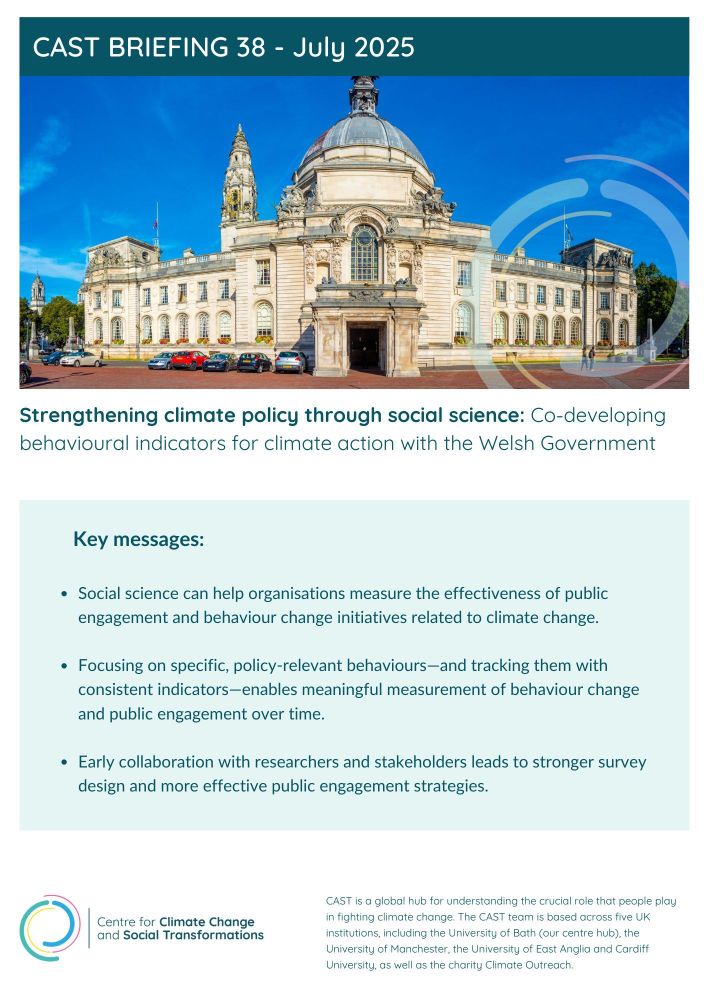 The cover page of CAST Briefing 38: "Strengthening climate policy through social science: Co-developing behavioural indicators for climate action with the Welsh Government", which includes a photograph of Cardiff City Hall under a bright blue sky and 3 key messages in bullet points. The CAST logo is featured at the bottom.