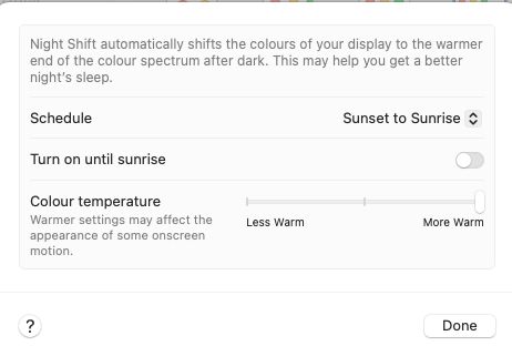 OSX System Display controls showing the Colour temperature set all the way for warm light.