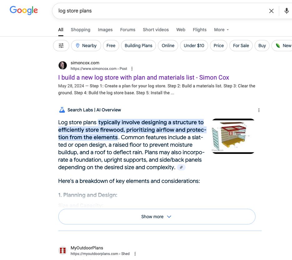 Google SERP for the search term log store plans with my own site in position 1 followed by an AI overview!