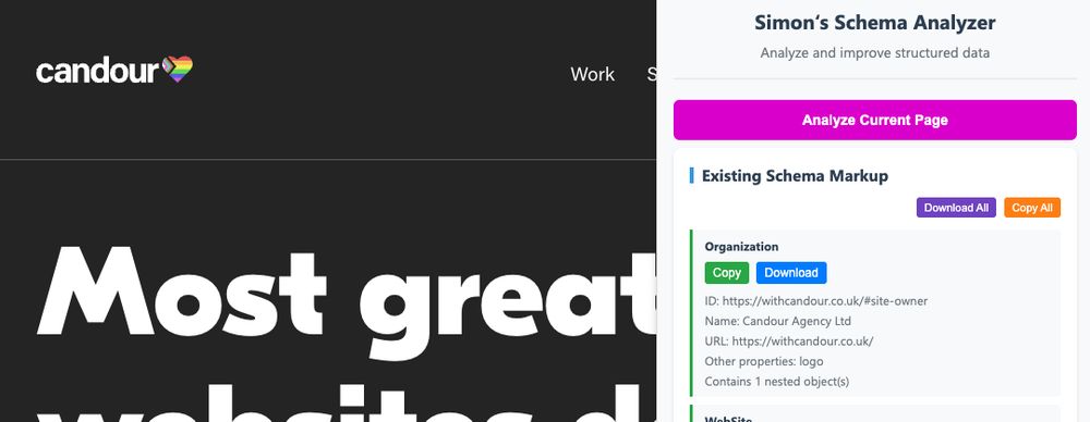 Screen grab of the Candour Agency website with some shifty chrome extension showing the schema avaiklable on the page whihc includes the Organisation schema.