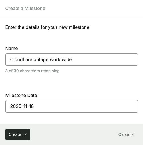 Fathom Analytics annotation (Milestone) for today telling future me that Cloudflare went down today.