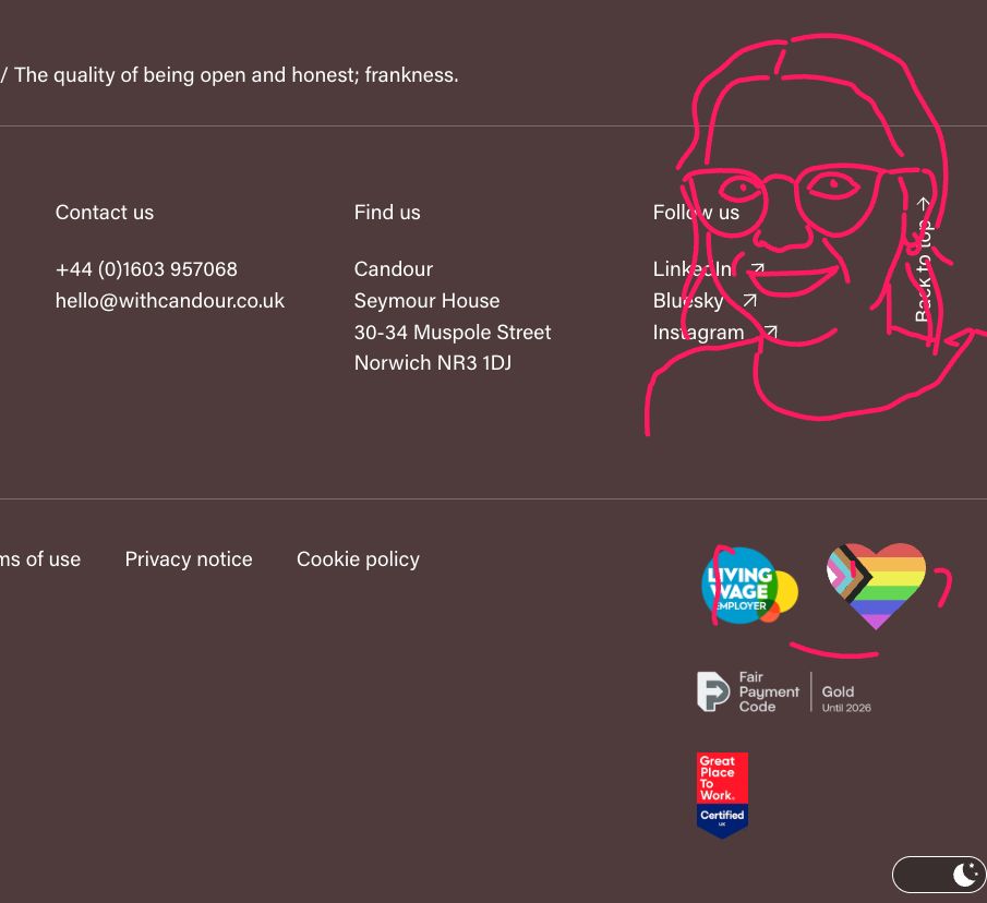 the new Candour website at the footer, but wait safdter a little while some red line appear - its a drawing  - of one of the people at Candour!