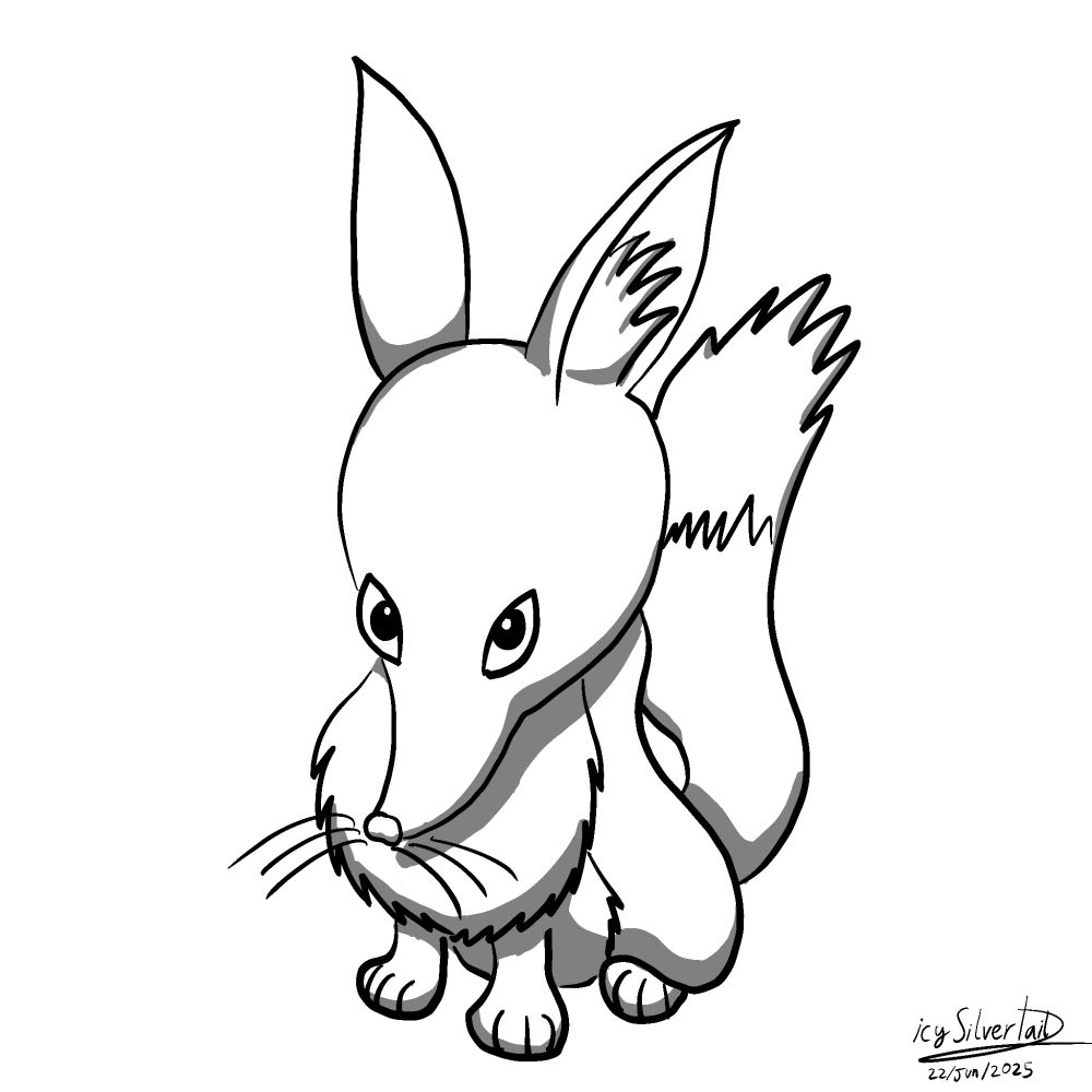 Digital sketch of a fox like creature looking up to the viewer