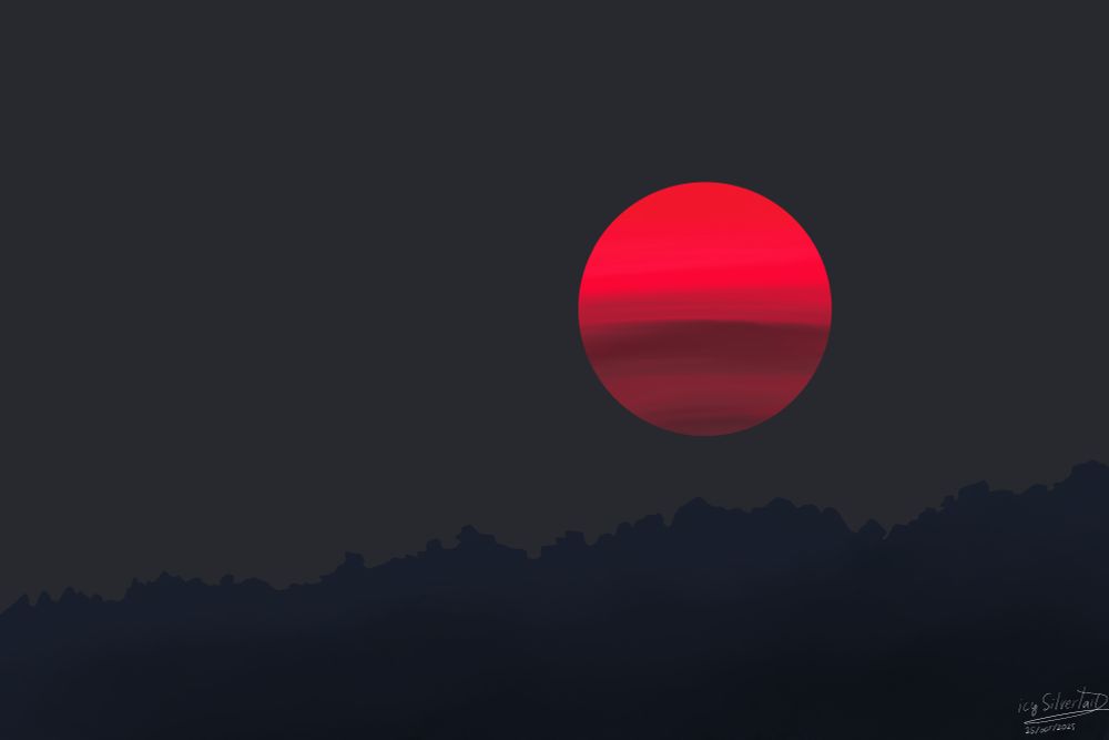 Digital drawing of a dark sky, with dark mountains or forest in the front, and a red sun above at the right.