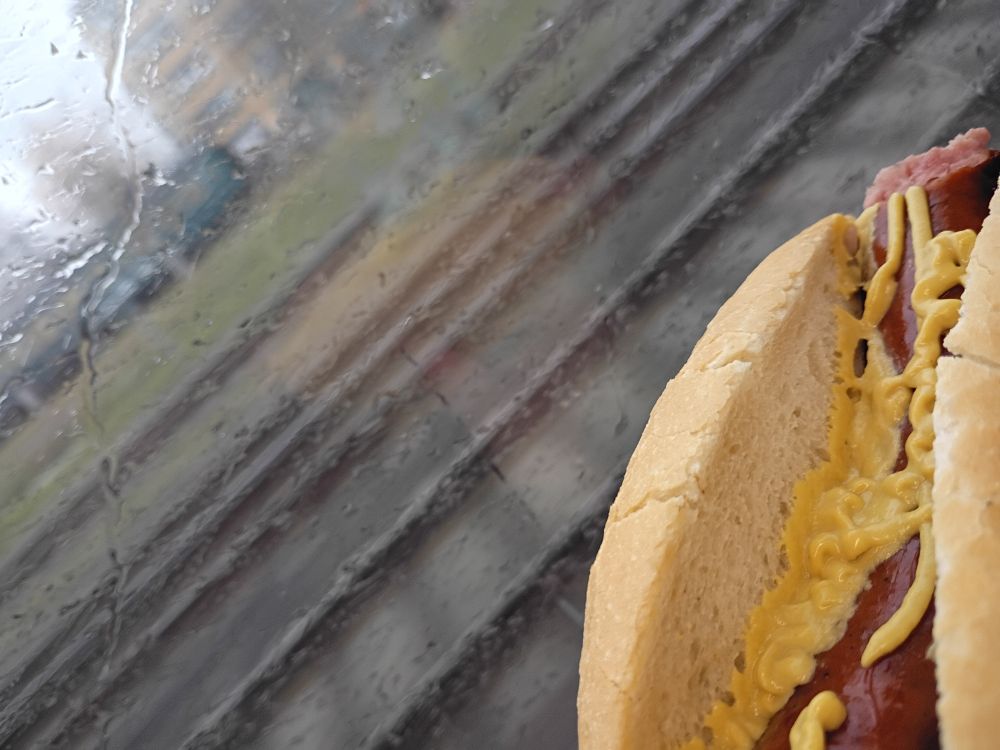 A sausage in a bread roll with mustard with train tracks in the background.