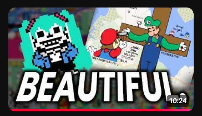 thumbnail for today's upcoming video. It features two pieces of art on wplace: One of Sans undertale with Hatsune Miku hair, and another with Mario crucifying Luigi on a cross. The bottom text simply reads "BEAUTIFUL."