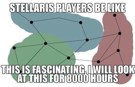 A Stellaris meme showing hyperlanes from three empires.

Text top: Stellaris players be like

Text bottom: This is fascinating, I will look at this for hours 