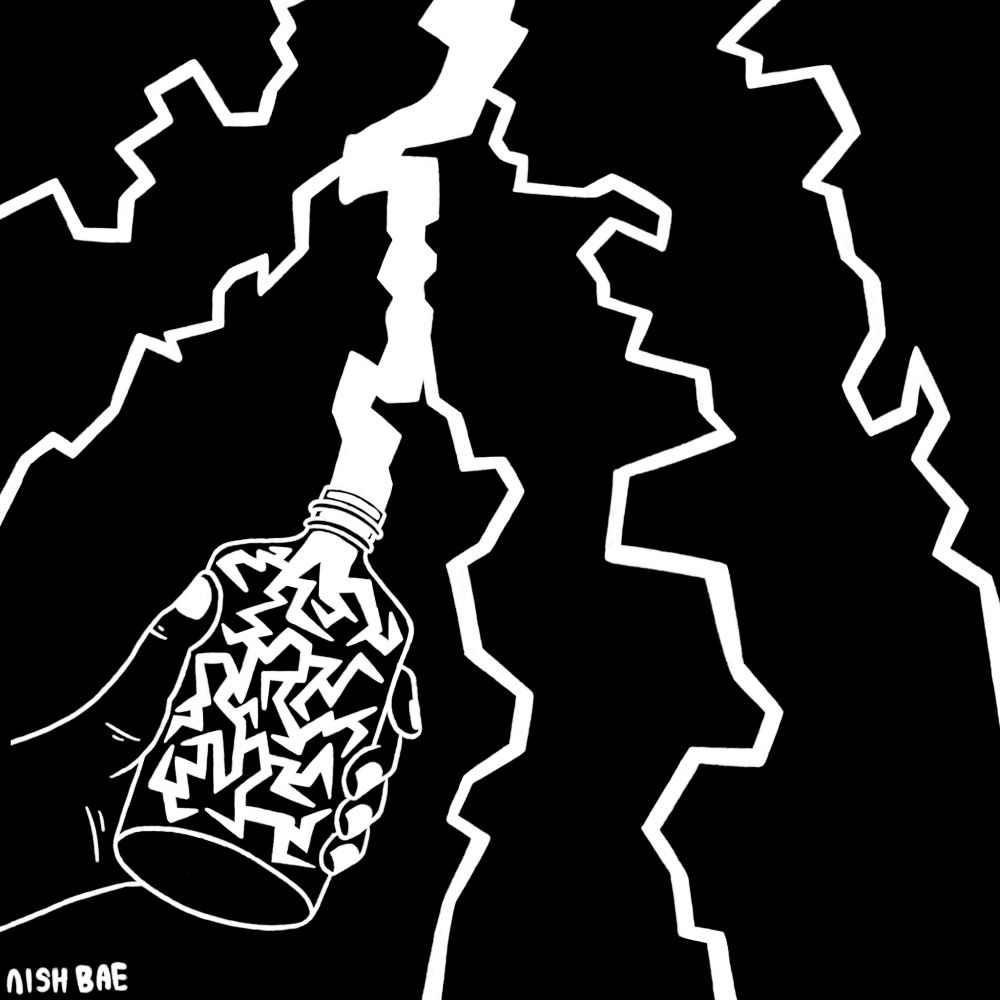 A hand catches lightning in a bottle