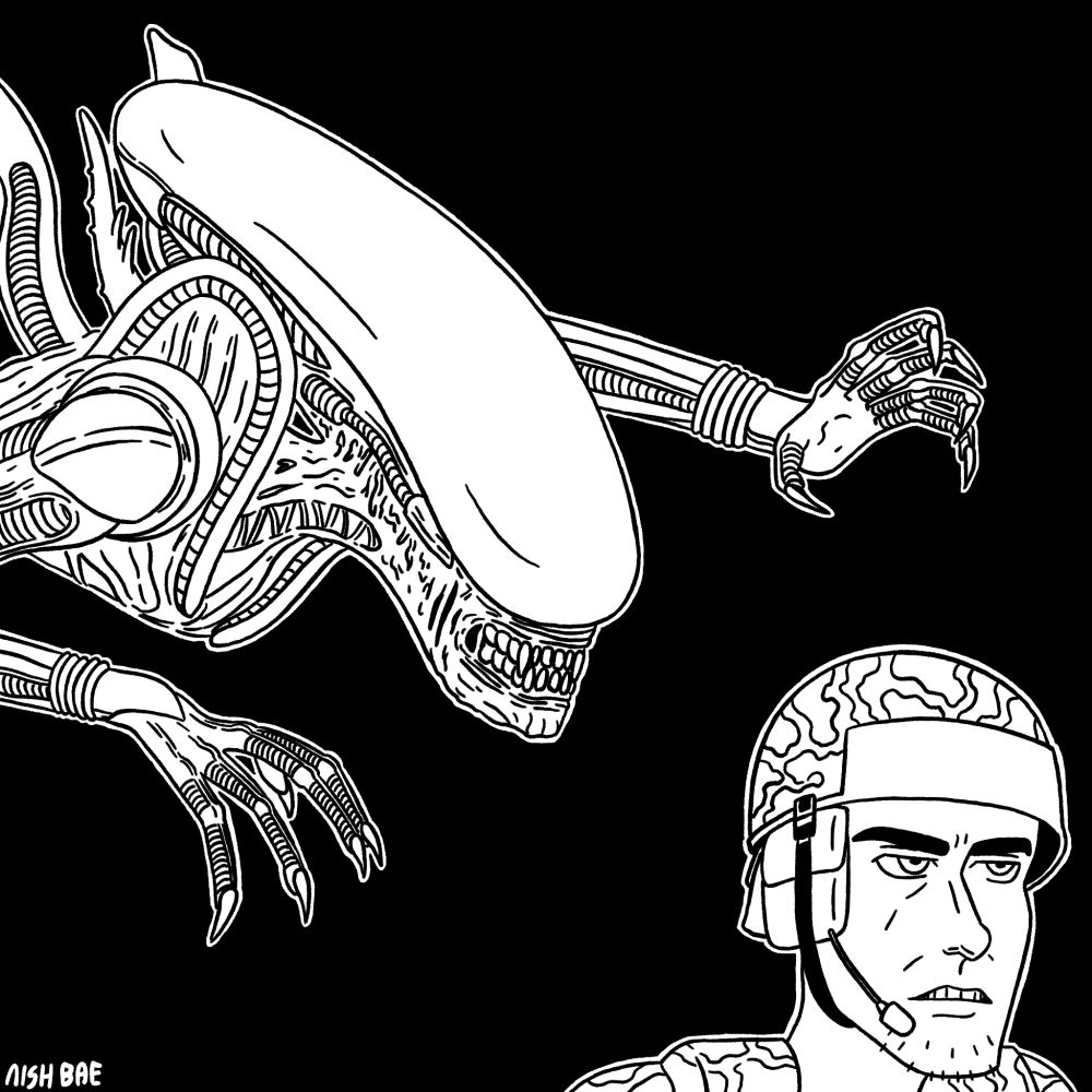 A xenomorph is about to pounce on an unsuspecting marine