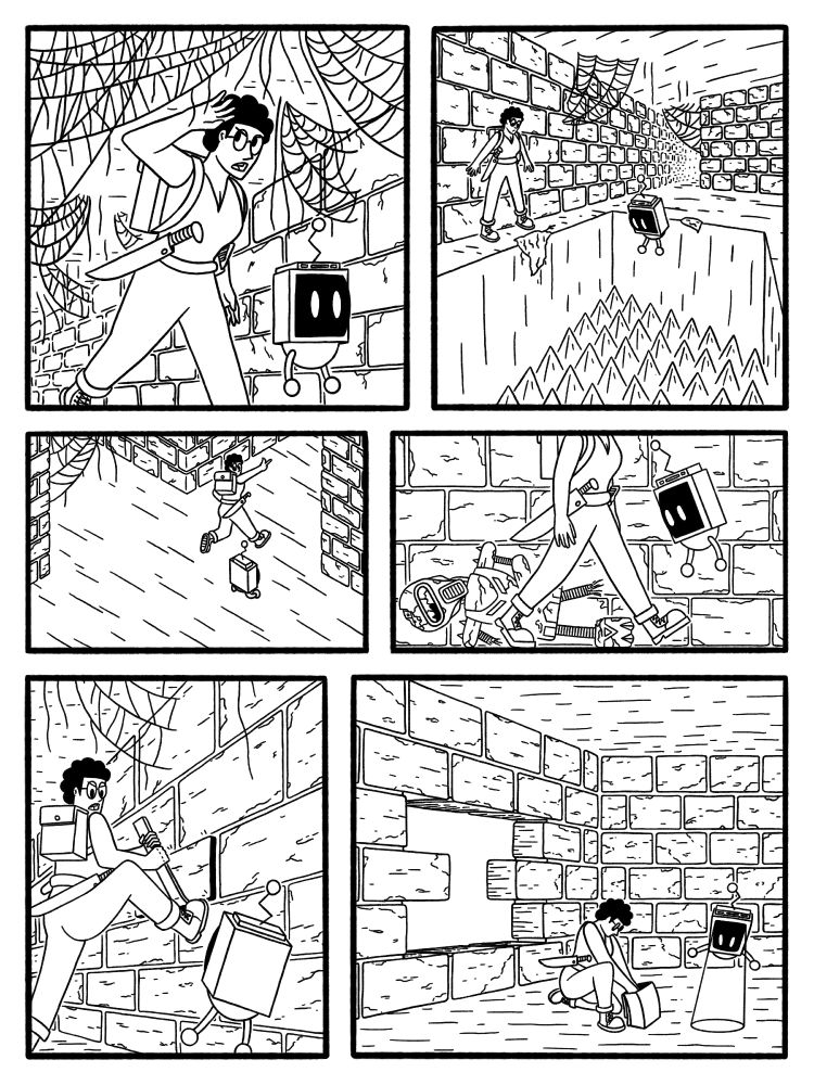 Panel 1 - The girl pushes some cobwebs aside
Panel 2 - The girl avoid a spike trap
Panel 3 - The girl navigates deeper into the temple
Panel 4 - The girl walks past an old broken robot
Panel 5 - The girl uses a crowbar to push open a brick wall
Panel 6 - The girl and her robot attempt to break into the floor below
