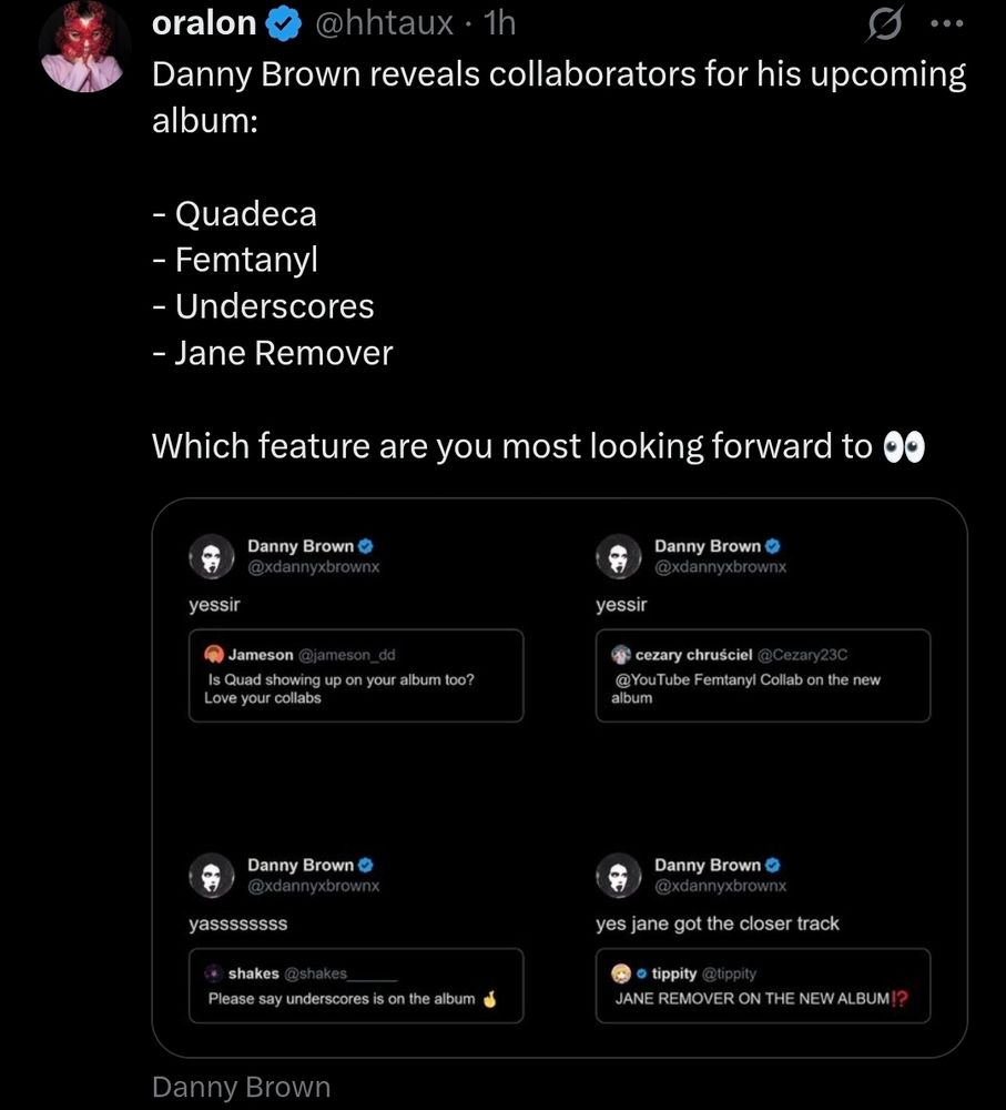Danny Brown reveals collaborators for his upcoming album:
Quadeca
Femtanyl 
Underscores
Jane Remover
